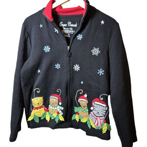 Onque Casuals Christmas Full Zip Black Sweater Medium Festive Cats and Snowflake